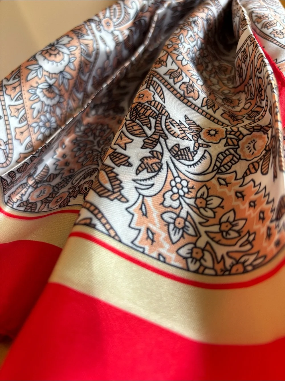 NWT Sunday State Scarf, Red/Cream/White/Pale Orange/Black, 26.8x26.8”, Gorgeous